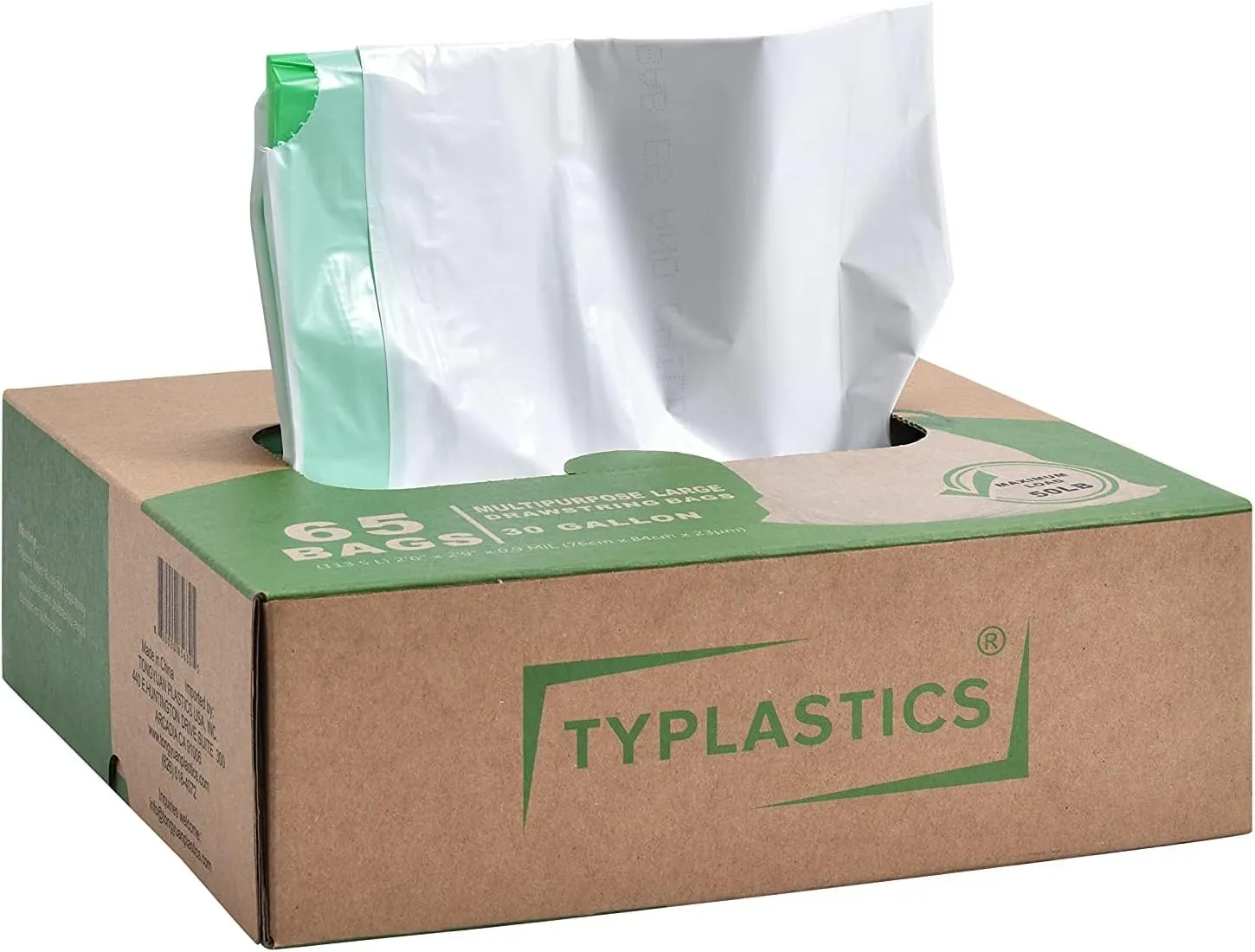 TYPLASTICS Drawstring Trash Bags, 30 Gallon Multipurpose Heavy Duty Garbage Bags, 65 Count