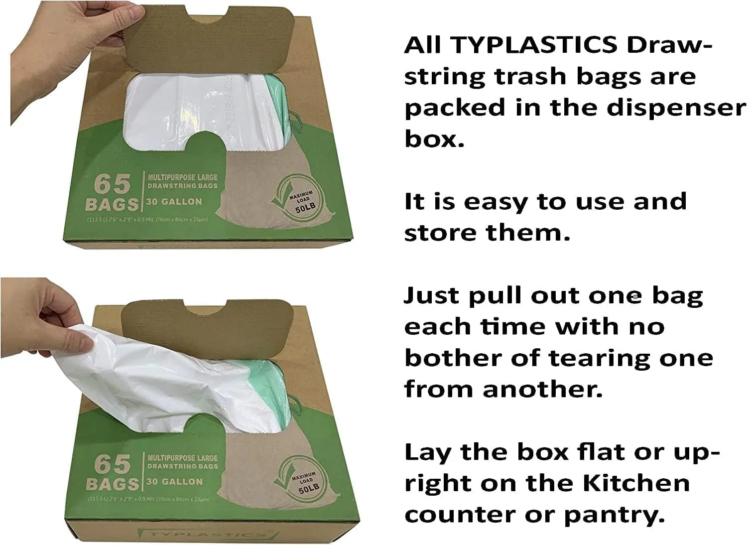 TYPLASTICS Drawstring Trash Bags, 30 Gallon Multipurpose Heavy Duty Garbage Bags, 65 Count