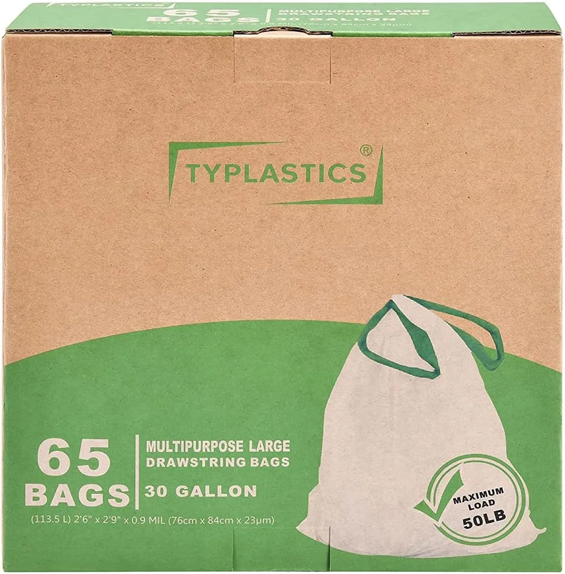 TYPLASTICS Drawstring Trash Bags, 30 Gallon Multipurpose Heavy Duty Garbage Bags, 65 Count
