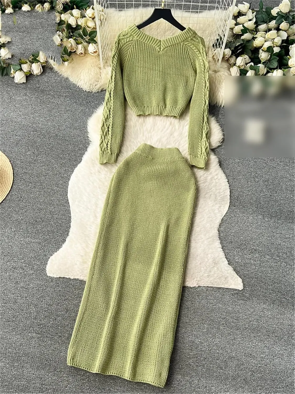 UIOKLMJH Women Winter Short Slim Pullovers Elastic Waist Split Long Skirt Sexy Office Formal Suits