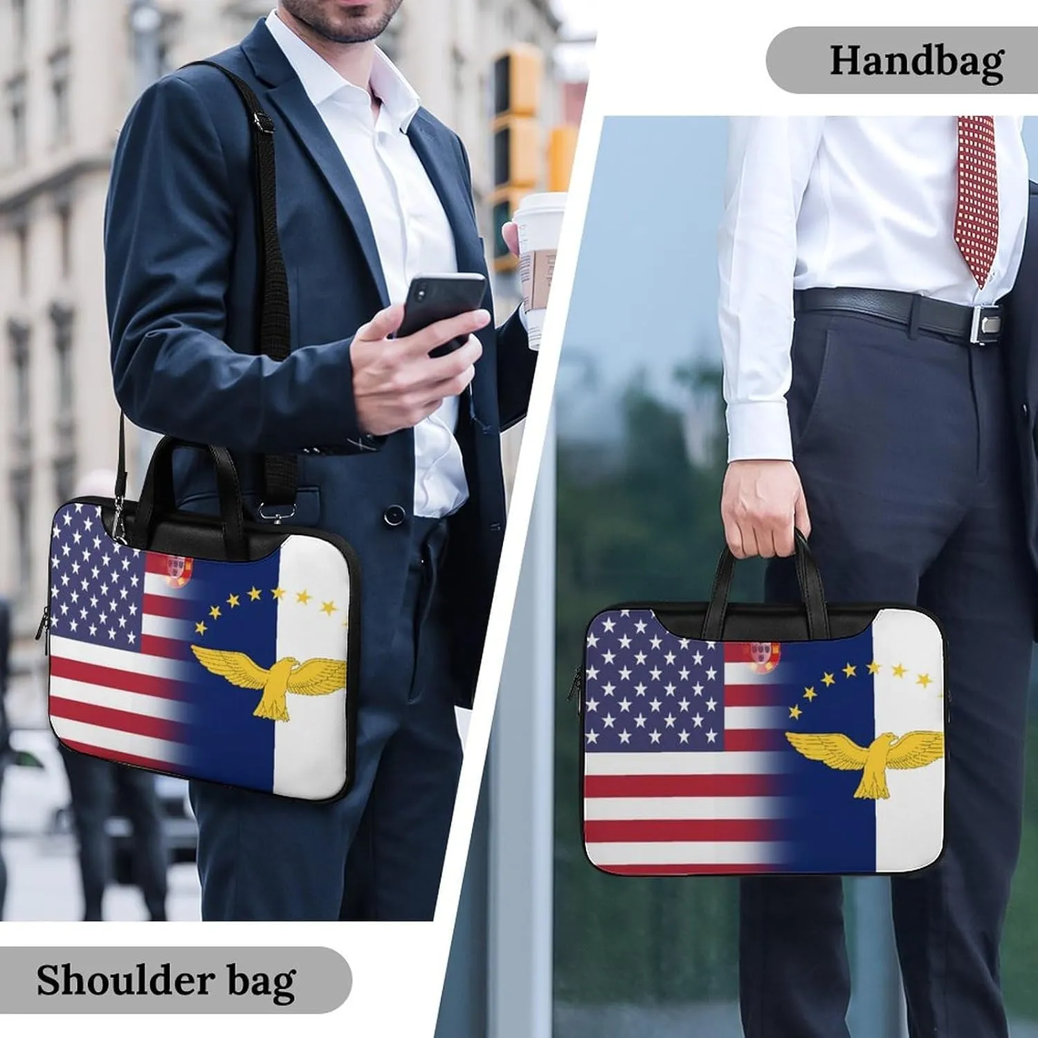U.S.A Azores Flag Leather Bag Laptop Case Slim Water Resistant Computer Bags with Handle Briefcase for Work