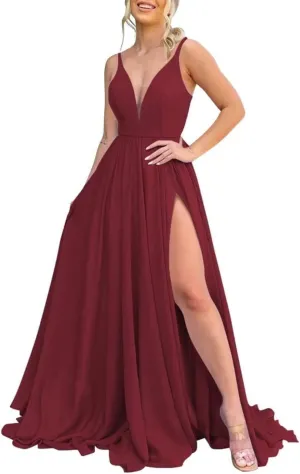 V Neck Chiffon Bridesmaid Dresses for Women High Slit Spaghetti Straps Formal Evening Party Gowns with Pockets
