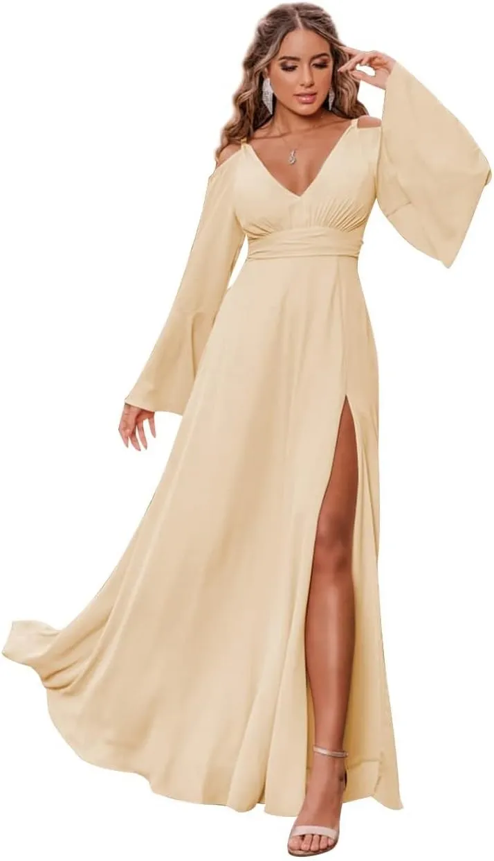 V Neck Long Sleeve Bridesmaid Dresses for Women Chiffon A Line Prom Dresses Evening Gowns with Slit