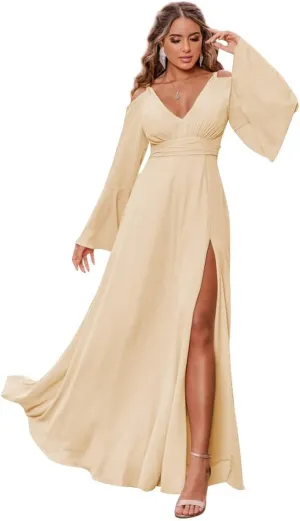 V Neck Long Sleeve Bridesmaid Dresses for Women Chiffon A Line Prom Dresses Evening Gowns with Slit