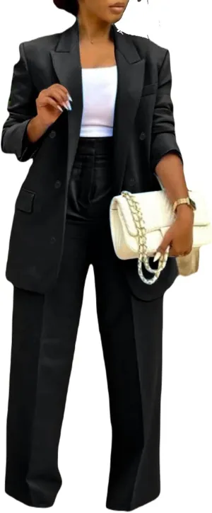 Vakkest Pant Suits for Women Dressy 2 Piece Outfit Business Casual Blazer Jackets and Wide Leg Work Office Slacks Set