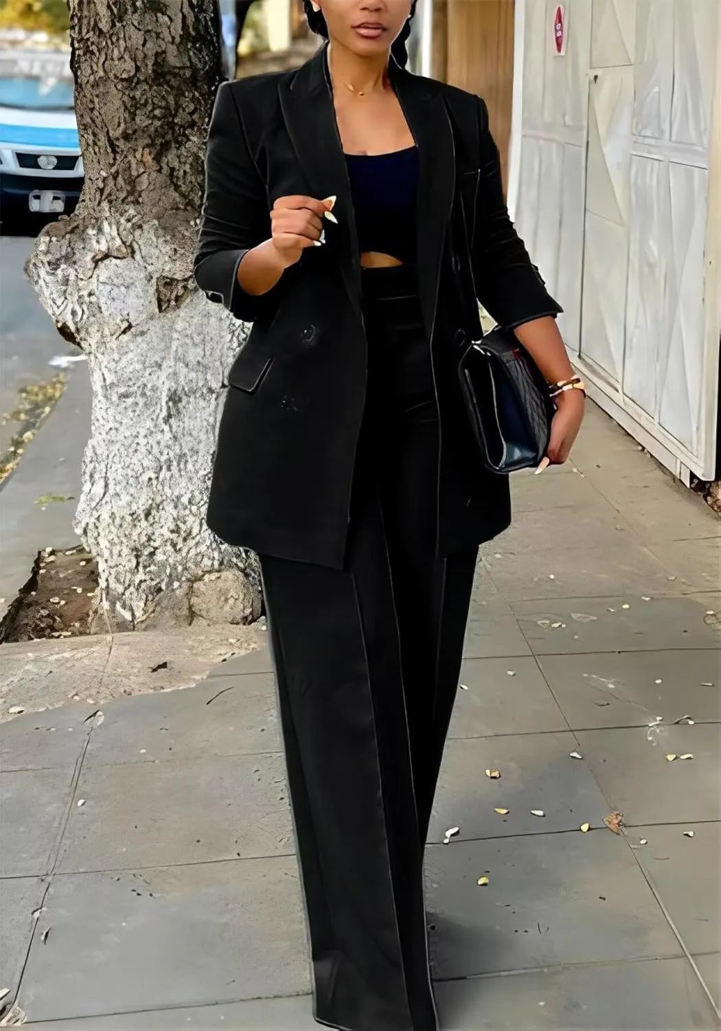Vakkest Pant Suits for Women Dressy 2 Piece Outfit Business Casual Blazer Jackets and Wide Leg Work Office Slacks Set