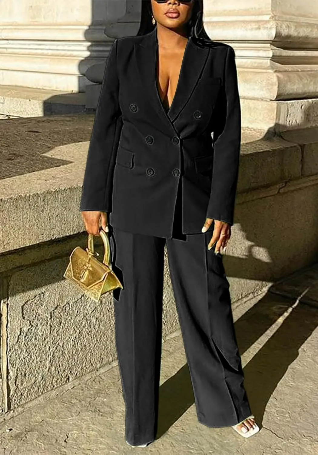 Vakkest Pant Suits for Women Dressy 2 Piece Outfit Business Casual Blazer Jackets and Wide Leg Work Office Slacks Set