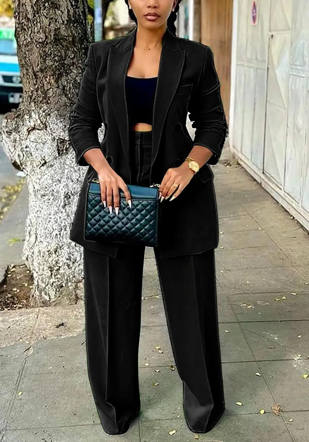 Vakkest Pant Suits for Women Dressy 2 Piece Outfit Business Casual Blazer Jackets and Wide Leg Work Office Slacks Set