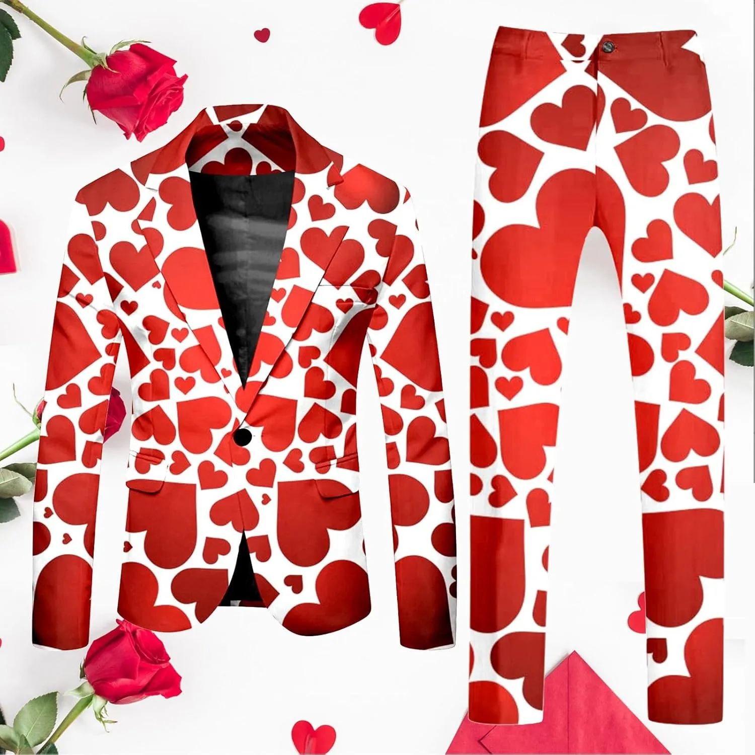 Valentine's Day Suit for Men Heart Printing 2 Piece One Button Peak Lapel Suit Jacket Wedding Prom Dress Outfit
