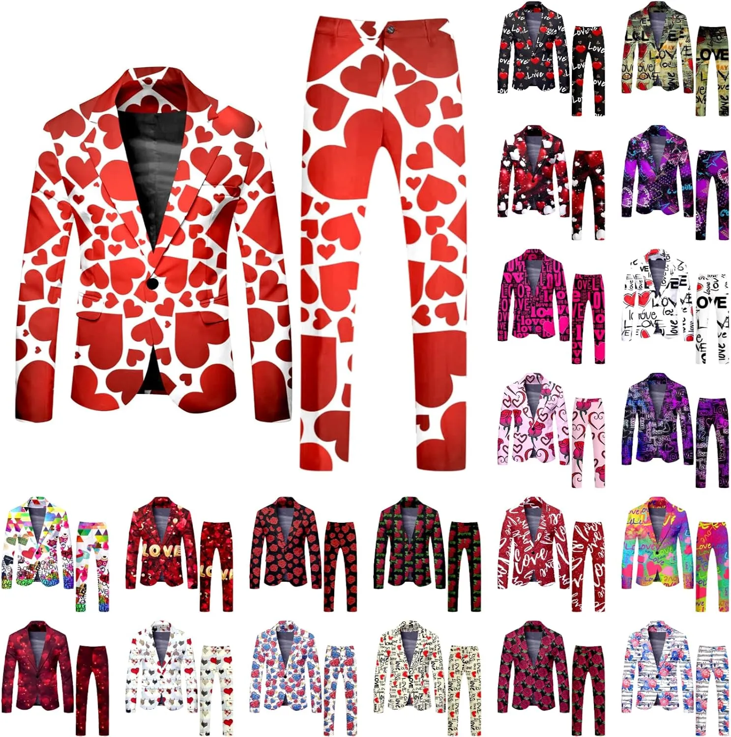 Valentine's Day Suit for Men Heart Printing 2 Piece One Button Peak Lapel Suit Jacket Wedding Prom Dress Outfit