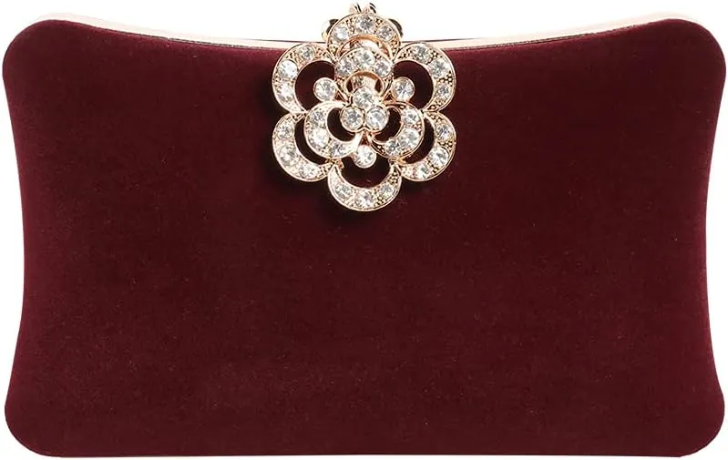 Velvet Evening Bags For Women With Flower Closure Rhinestone Crystal Embellished Clutch Purse For Party Wedding