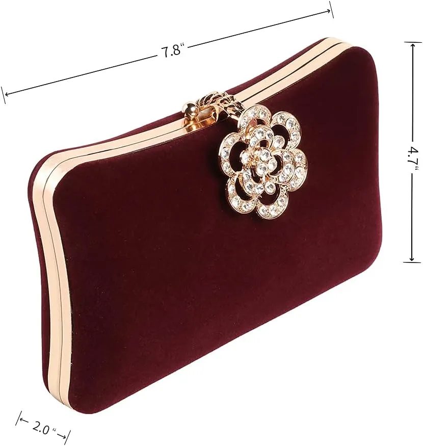 Velvet Evening Bags For Women With Flower Closure Rhinestone Crystal Embellished Clutch Purse For Party Wedding