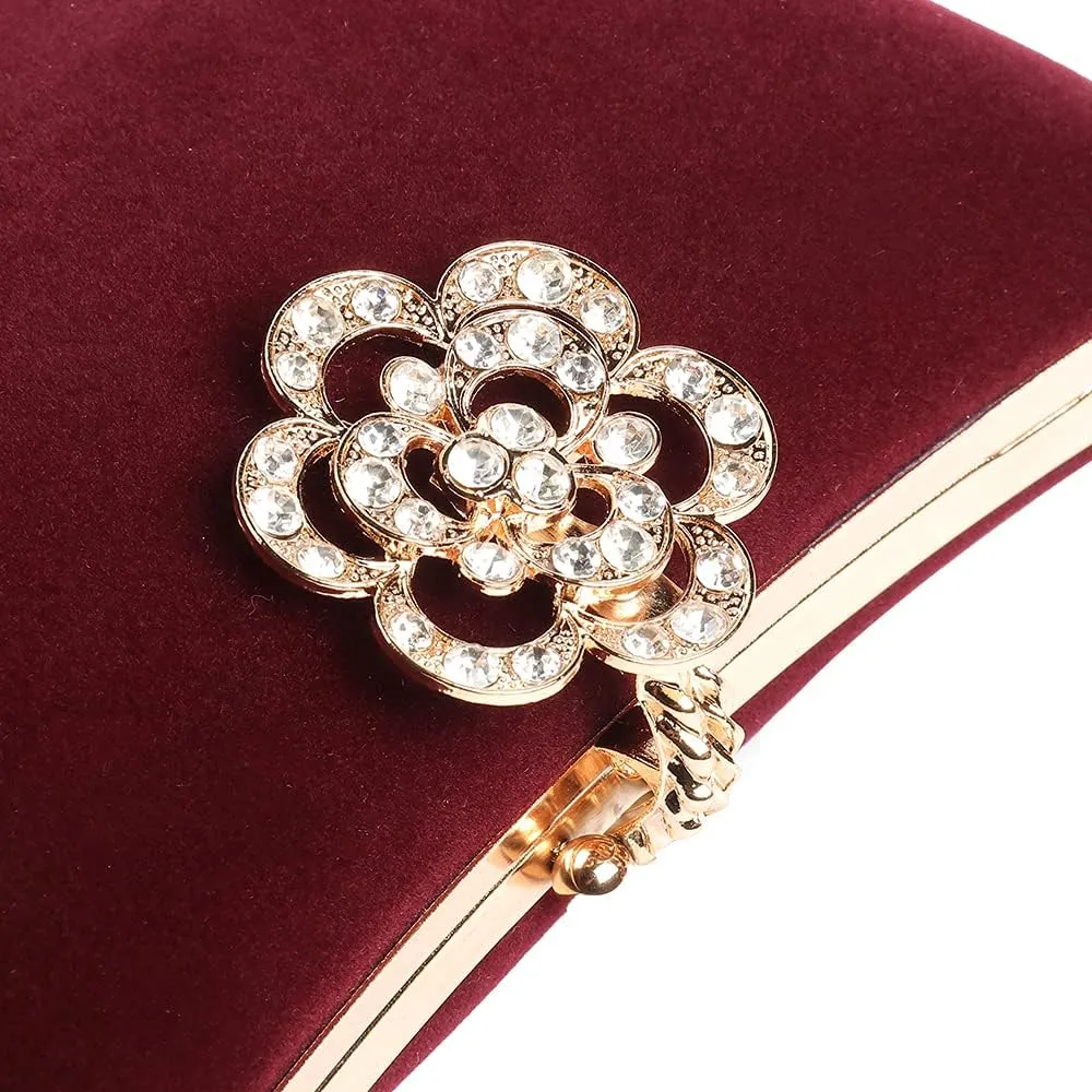 Velvet Evening Bags For Women With Flower Closure Rhinestone Crystal Embellished Clutch Purse For Party Wedding