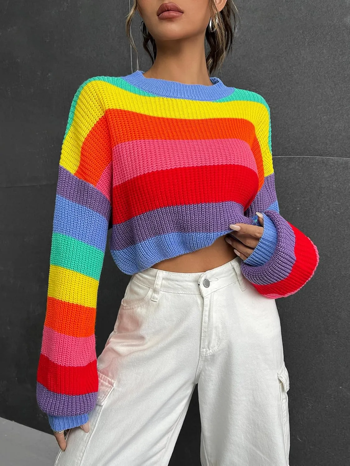 Verdusa Women's Striped Rainbow Cropped Sweater Long Sleeve Lightweight Cute Knit Tops Pullovers