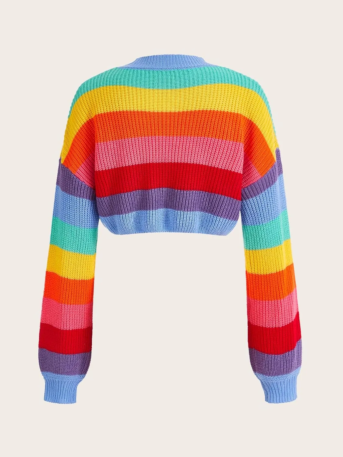 Verdusa Women's Striped Rainbow Cropped Sweater Long Sleeve Lightweight Cute Knit Tops Pullovers