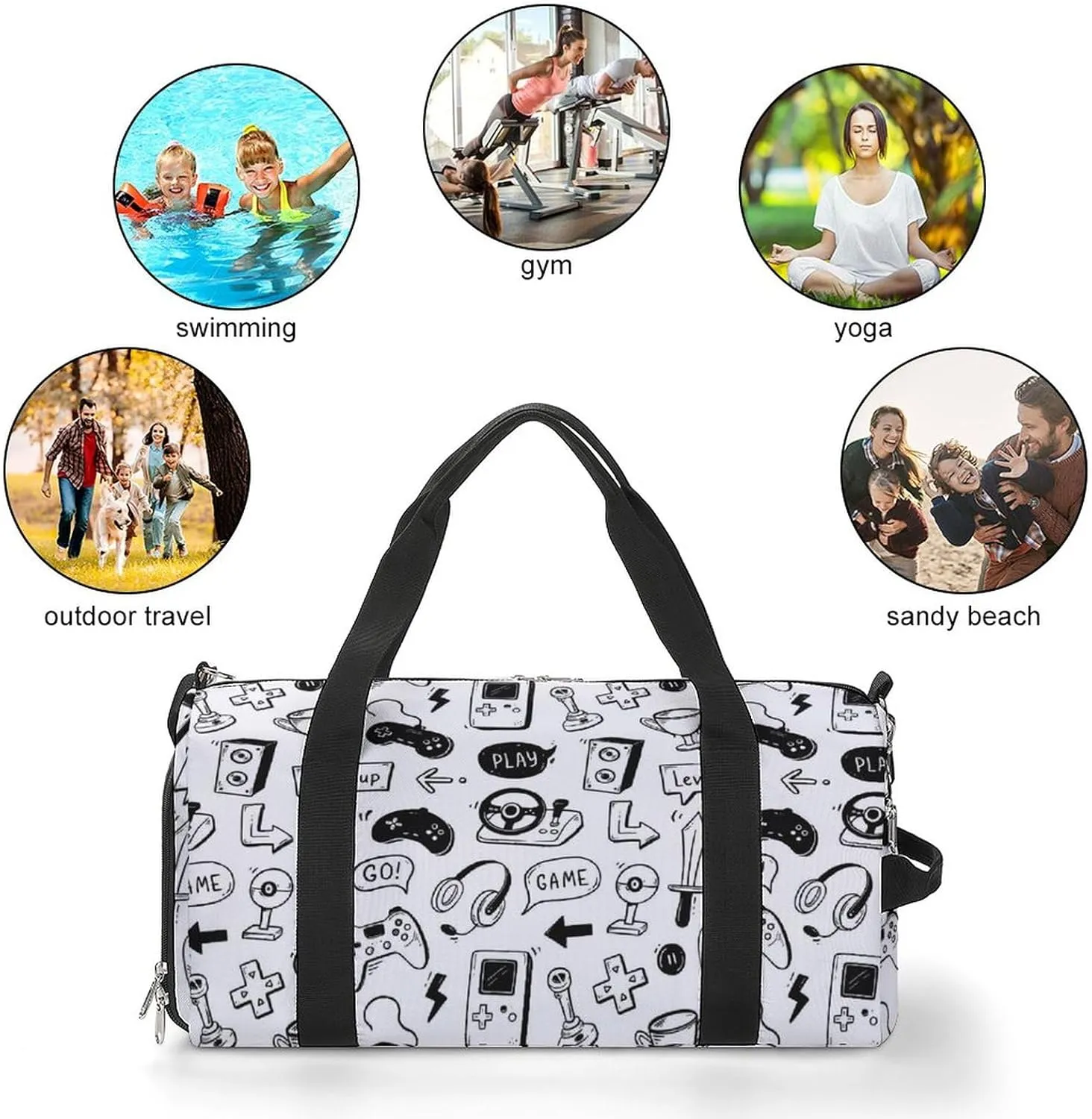 Video Game Hand Drawn Sports Tote Gym Bag for Women Men, Overnight Bag with Shoe Compartment Water Resistant