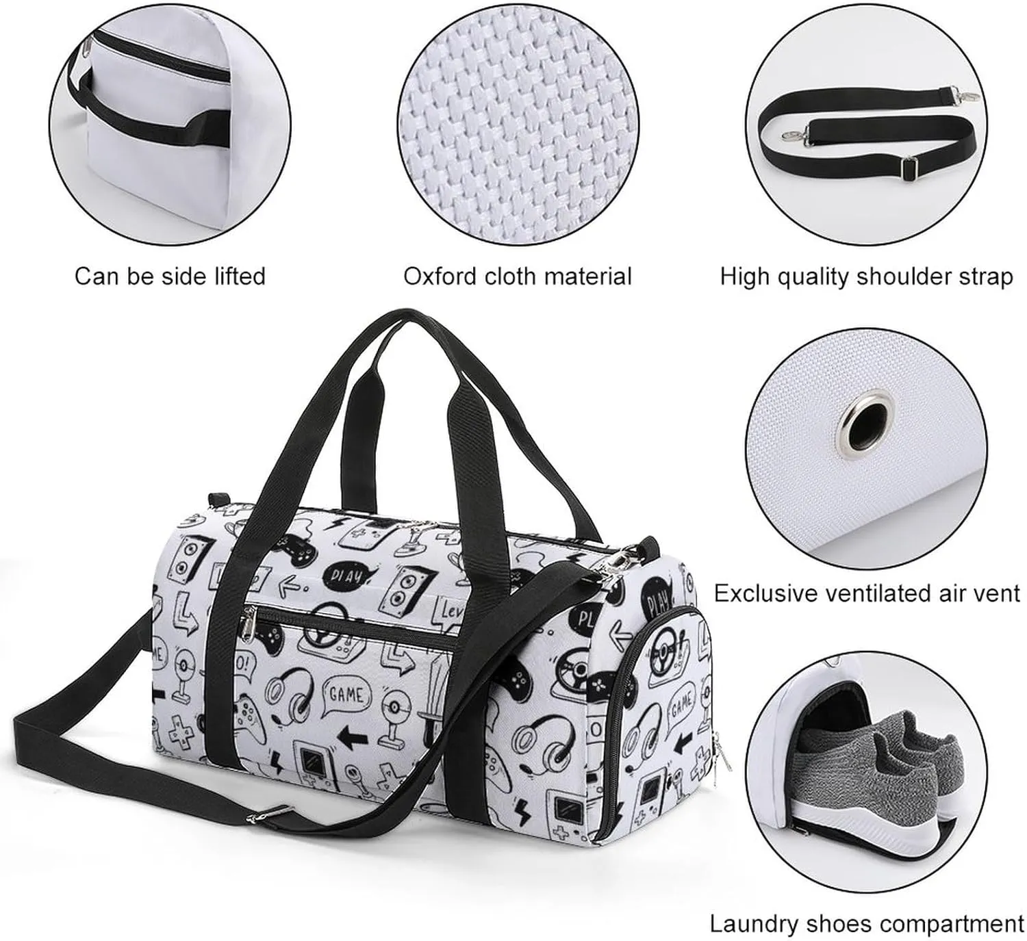Video Game Hand Drawn Sports Tote Gym Bag for Women Men, Overnight Bag with Shoe Compartment Water Resistant