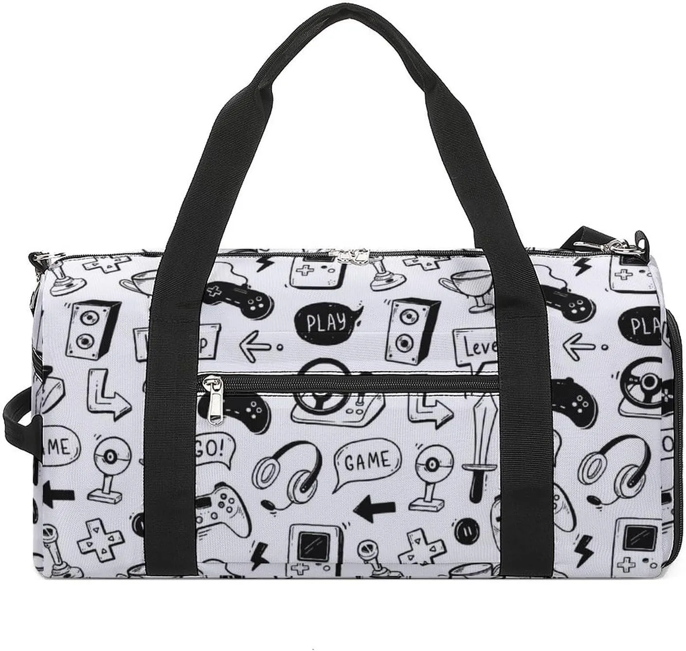Video Game Hand Drawn Sports Tote Gym Bag for Women Men, Overnight Bag with Shoe Compartment Water Resistant