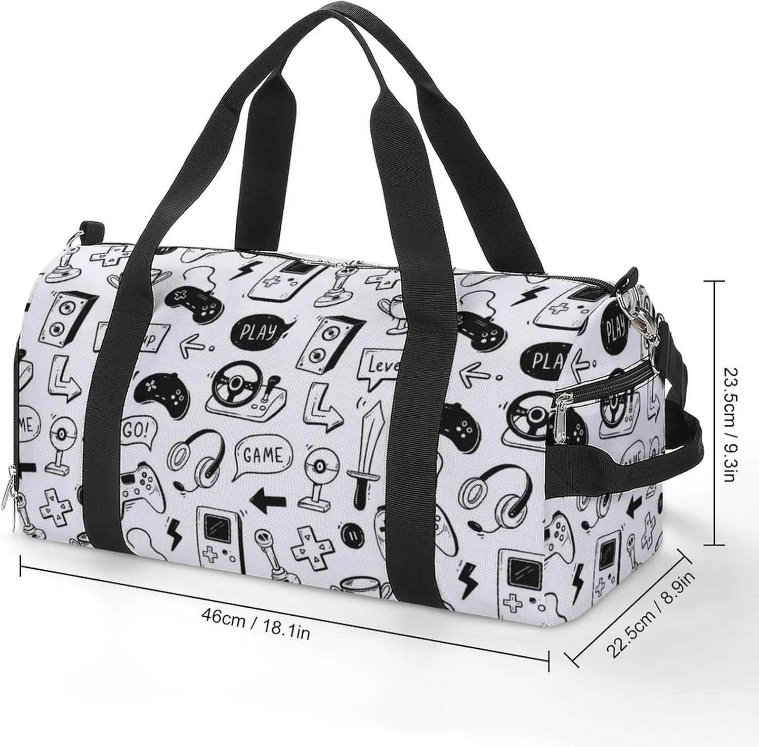 Video Game Hand Drawn Sports Tote Gym Bag for Women Men, Overnight Bag with Shoe Compartment Water Resistant