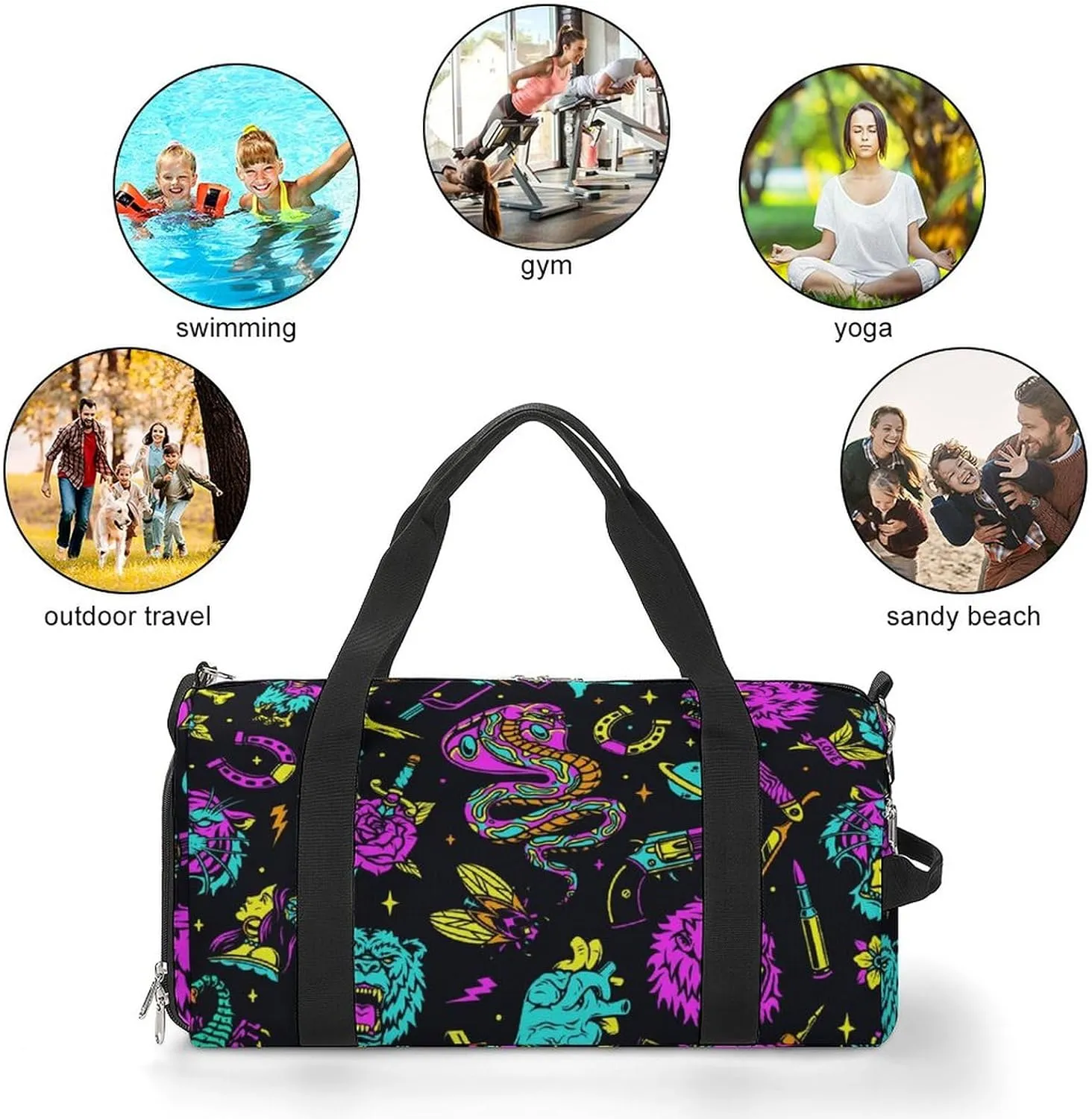 Vintage Black Sports Tote Gym Bag for Women Men, Overnight Bag with Shoe Compartment Water Resistant