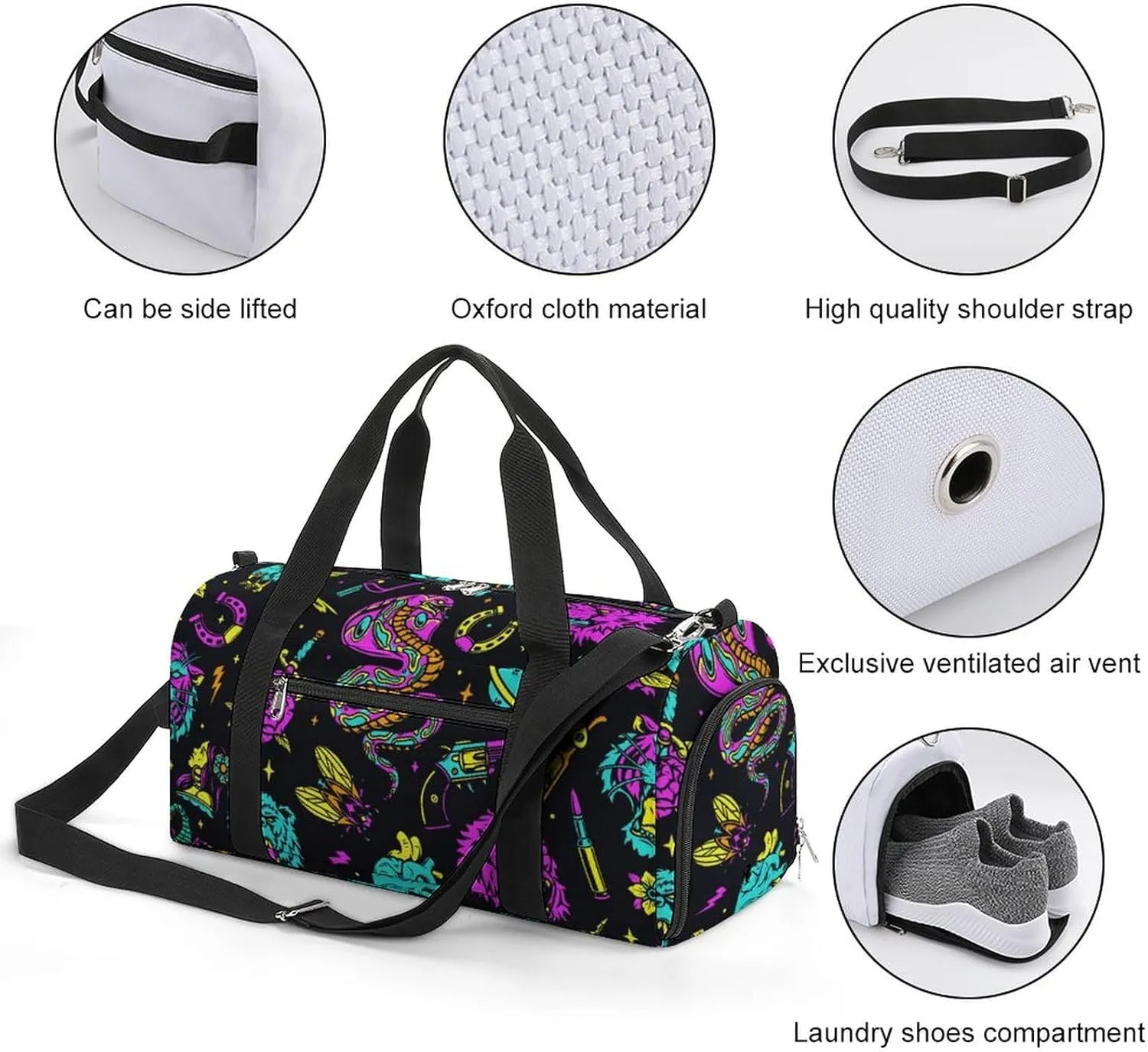 Vintage Black Sports Tote Gym Bag for Women Men, Overnight Bag with Shoe Compartment Water Resistant