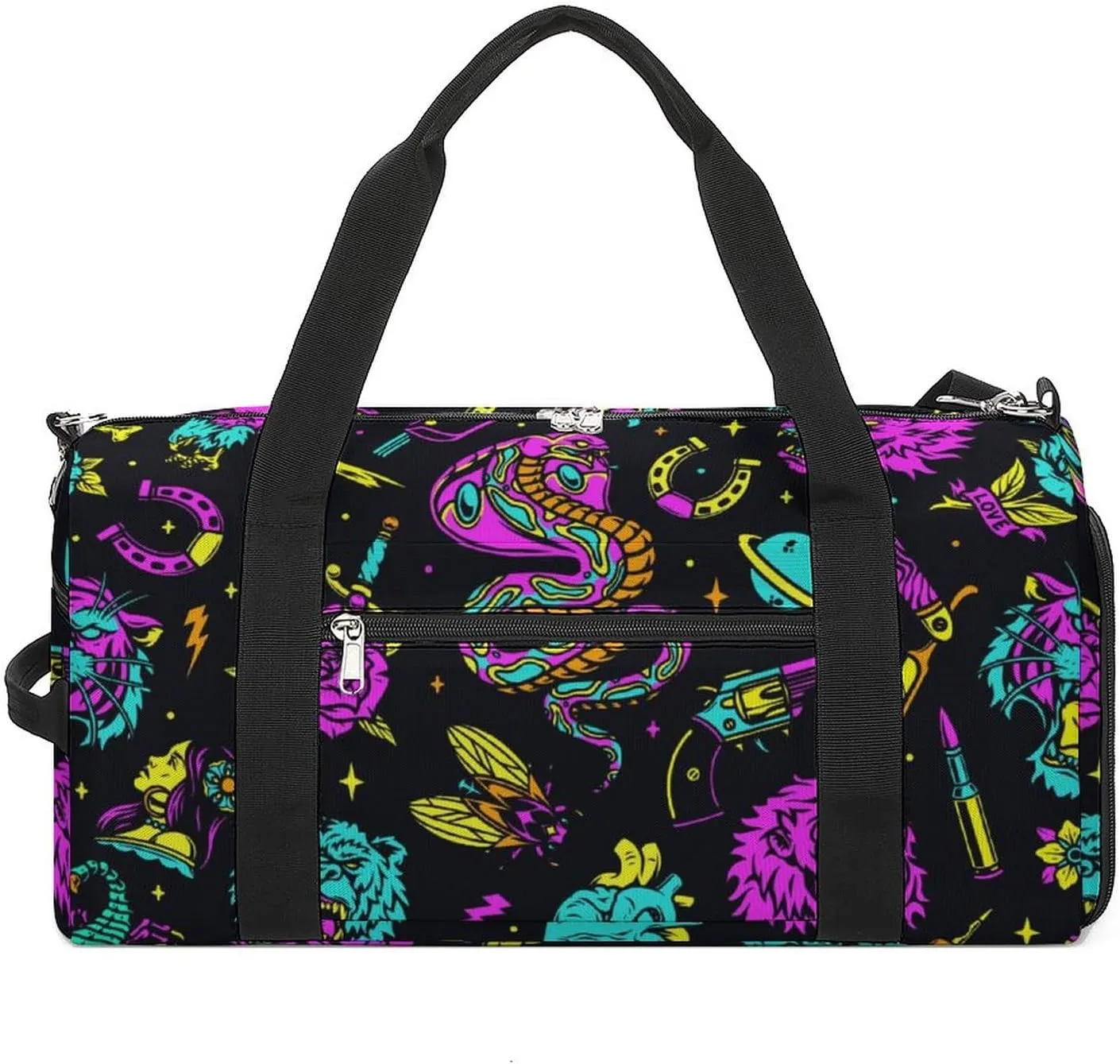 Vintage Black Sports Tote Gym Bag for Women Men, Overnight Bag with Shoe Compartment Water Resistant