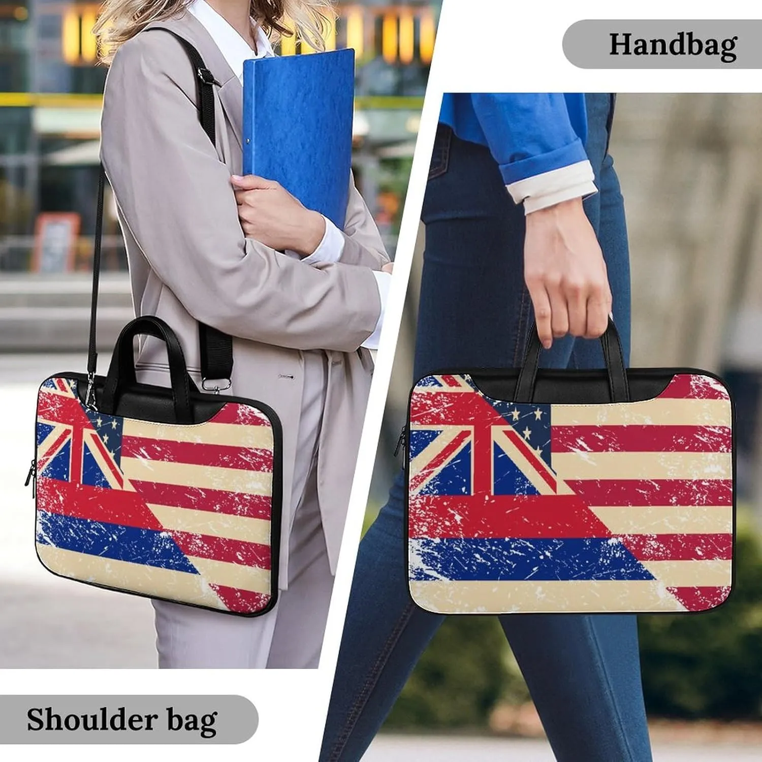 Vintage U.S.A And Hawaii State Flag Leather Bag Laptop Case Slim Water Resistant Computer Bags with Handle Briefcase for Work