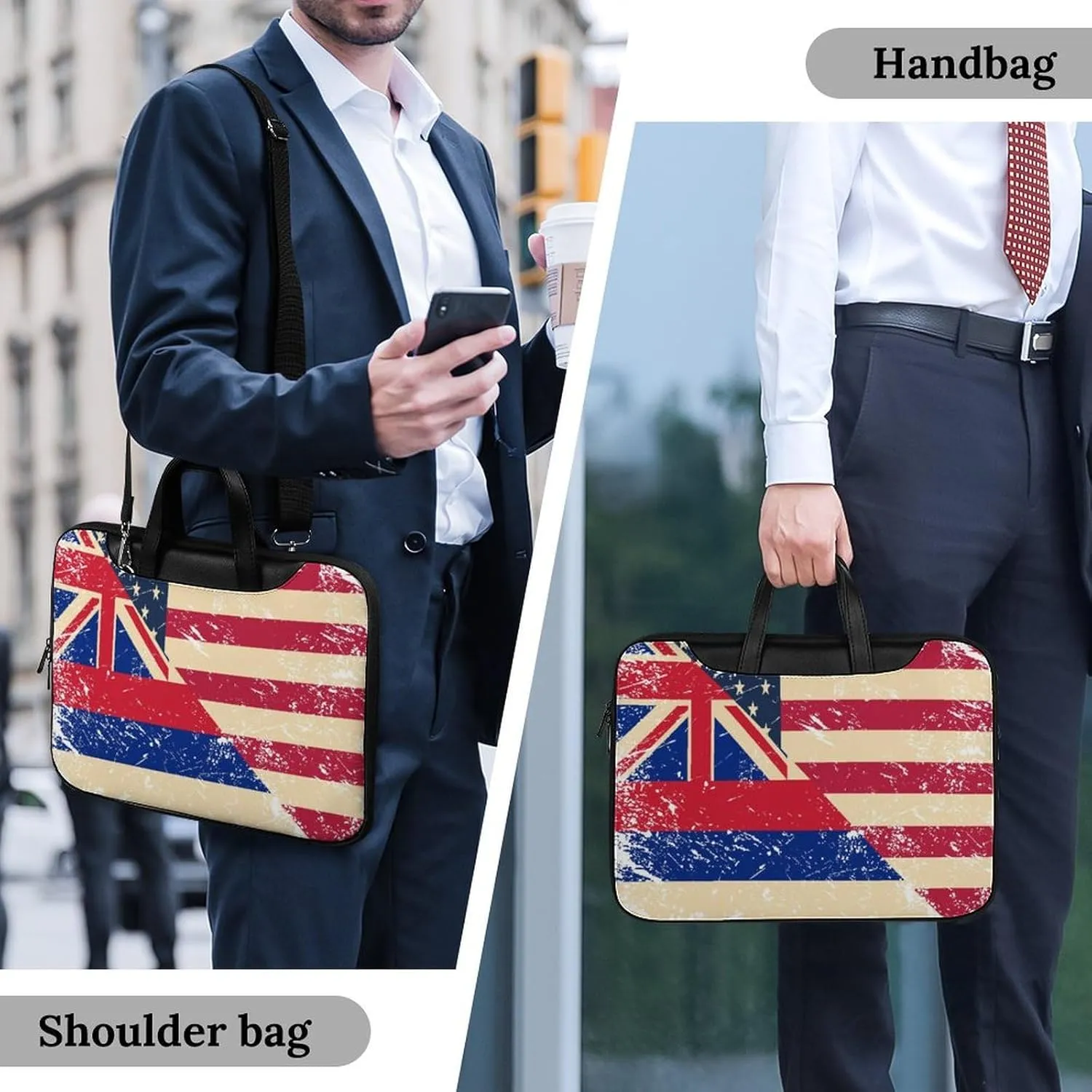 Vintage U.S.A And Hawaii State Flag Leather Bag Laptop Case Slim Water Resistant Computer Bags with Handle Briefcase for Work
