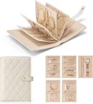 Vlando Teacher Gifts for Women,Travel Jewelry Organizer Case,Jewelry Storage Book Ring Binder with Clear Zipper Velvet Jewelry Pouches Bags for Rings,Necklace,Earrings-Cream White