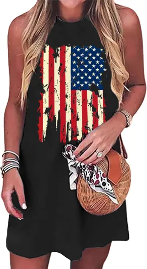 VVNTY American Flag Tank Dress Women: 4th of July Shirts Sleeveless Patriotic USA Flag Tees Casual Summer Tanks Sundress