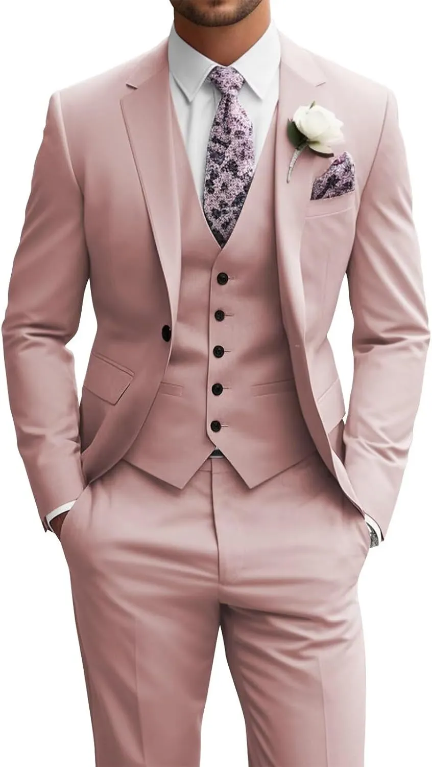 Wangyue Men's Suit Slim Fit 3 Piece Suit Men Wedding One Button Groomsmen Suits Formal Prom Jacket Blazers Vest Pants