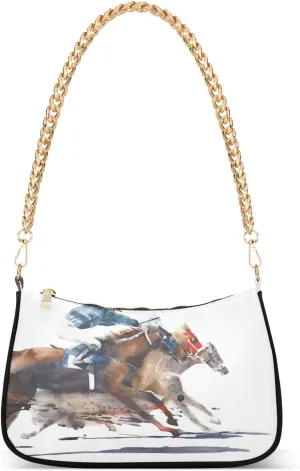Watercolor Horse Race Competition Shoulder Handbags for Women Travel Hobo Tote Handbag Women Gold Chain Shoulder Bags Purse with Zipper Closure