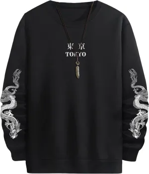 WDIRARA Men's Dragon Letter Graphic Print Sweatshirt Long Sleeve Round Neck Tops Casual Pullovers