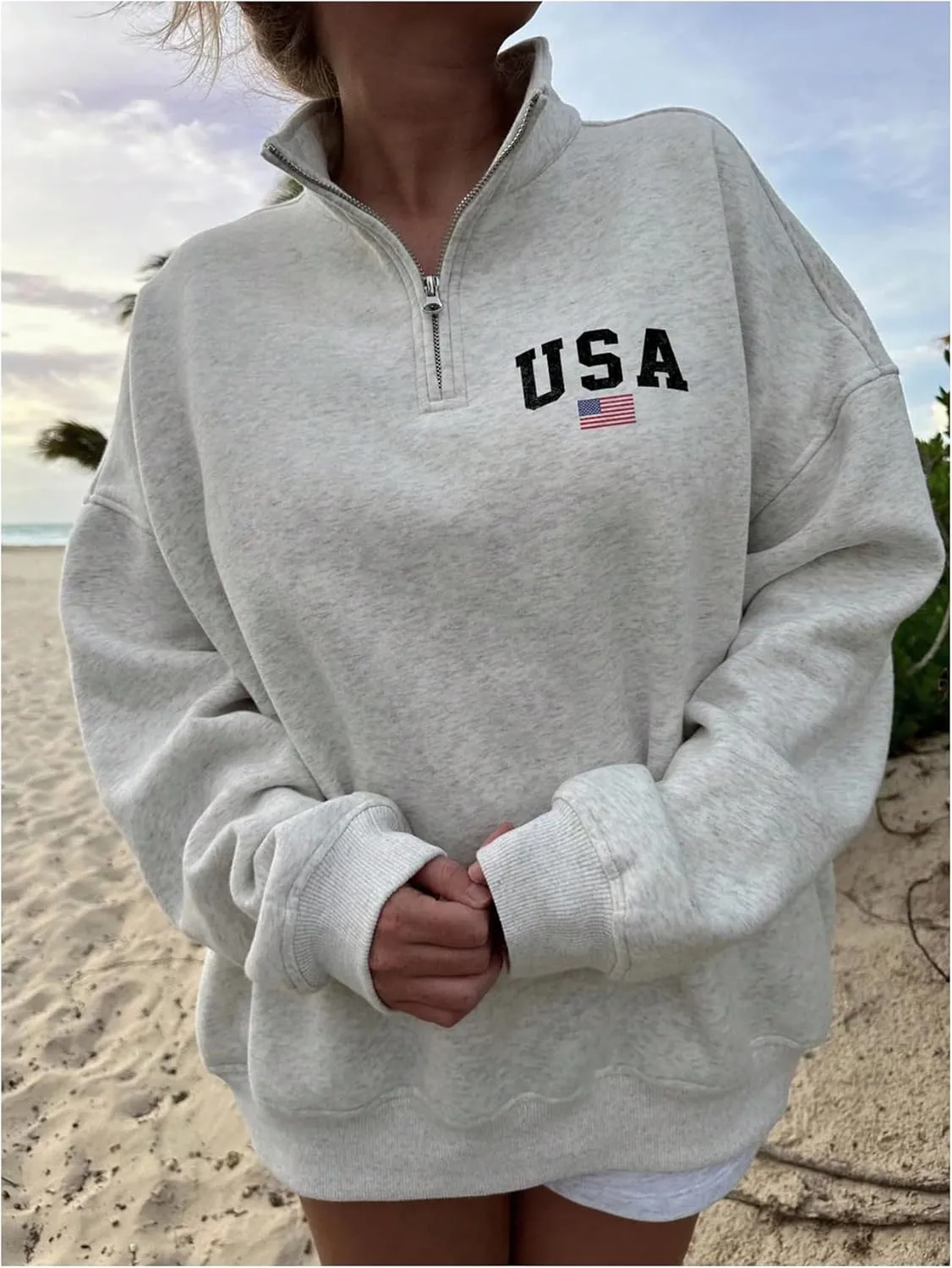 WDIRARA Women's American Flag Graphic Half Zip Sweatshirt Oversized Pullovers Long Sleeve Top