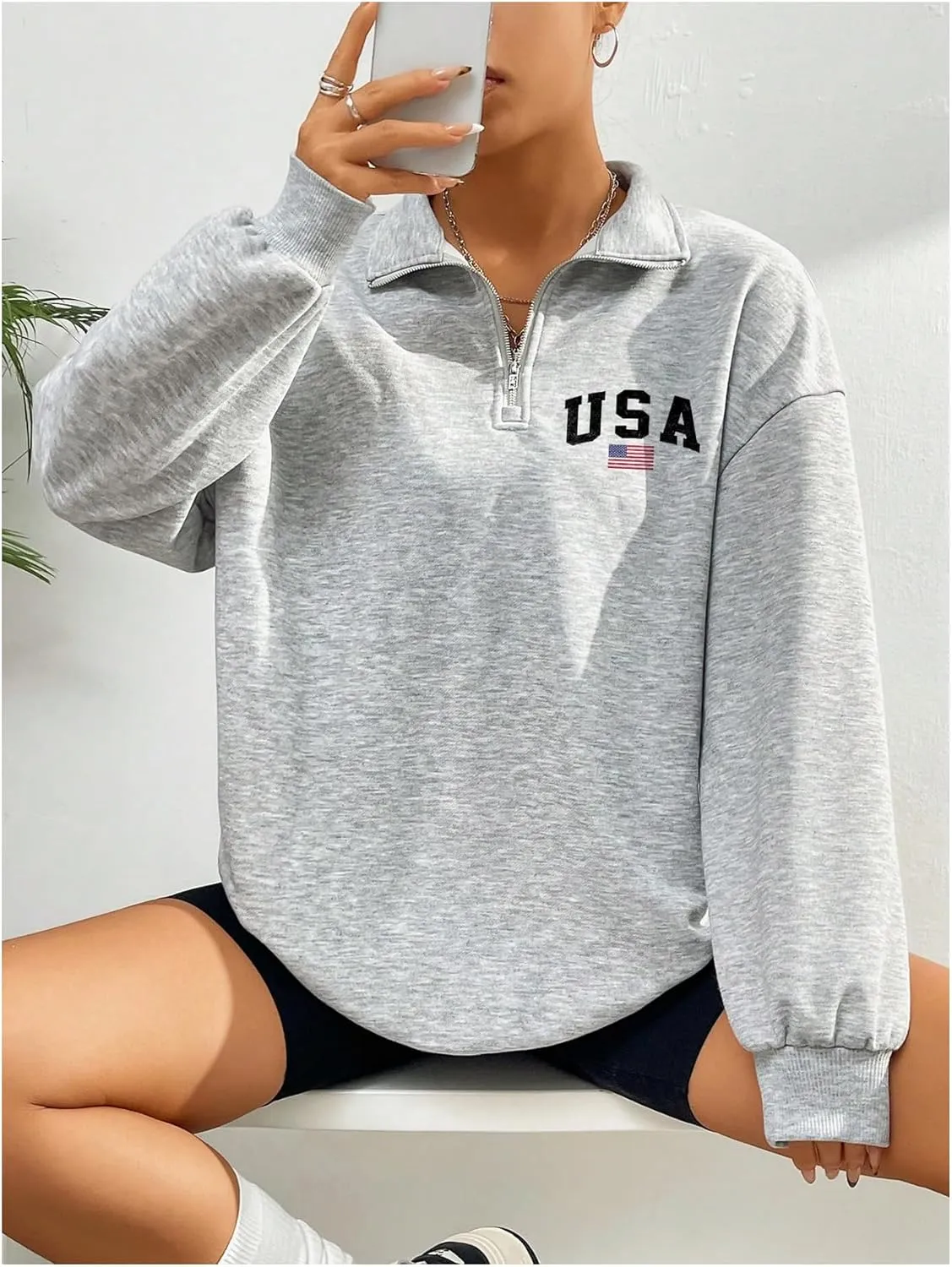 WDIRARA Women's American Flag Graphic Half Zip Sweatshirt Oversized Pullovers Long Sleeve Top