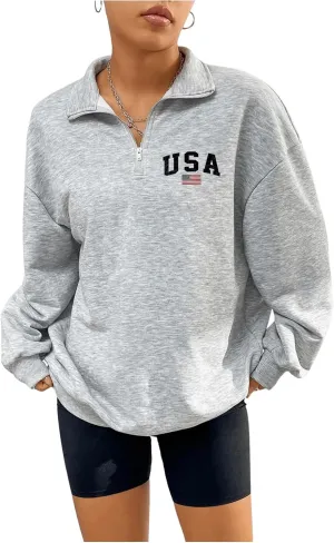 WDIRARA Women's American Flag Graphic Half Zip Sweatshirt Oversized Pullovers Long Sleeve Top