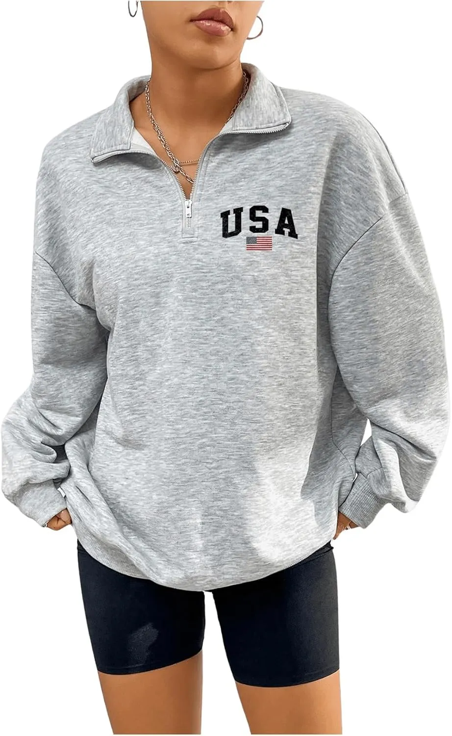 WDIRARA Women's American Flag Graphic Half Zip Sweatshirt Oversized Pullovers Long Sleeve Top