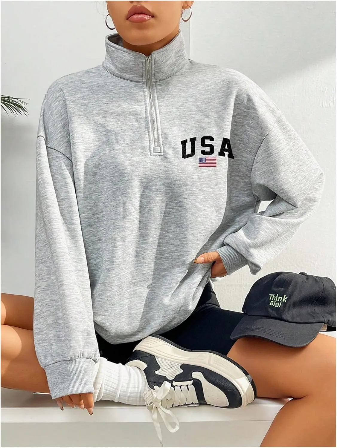 WDIRARA Women's American Flag Graphic Half Zip Sweatshirt Oversized Pullovers Long Sleeve Top