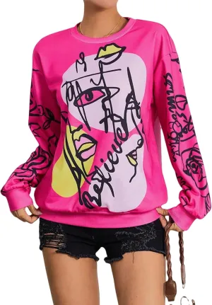 WDIRARA Women's Figure Graphic Print Sweatshirt Round Neck Long Sleeve Contrast Color Graffiti Pullovers
