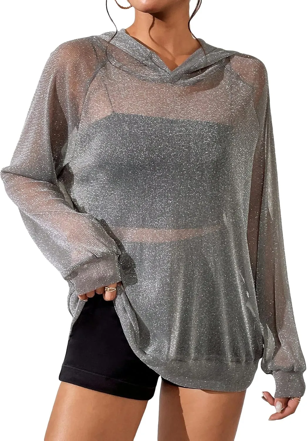 WDIRARA Women's Glitter Sheer Mesh See Through Long Sleeve Pullovers Oversized Shirts Hoodie Sweatshirts