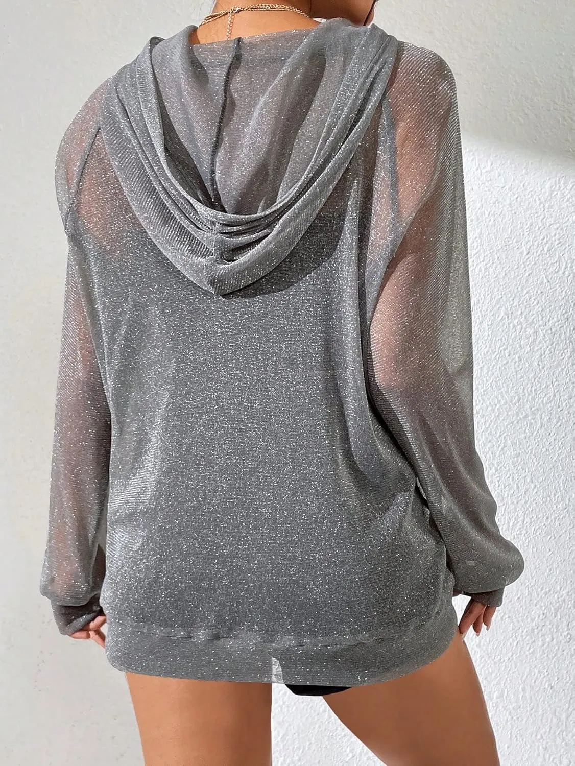 WDIRARA Women's Glitter Sheer Mesh See Through Long Sleeve Pullovers Oversized Shirts Hoodie Sweatshirts