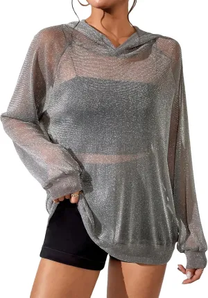 WDIRARA Women's Glitter Sheer Mesh See Through Long Sleeve Pullovers Oversized Shirts Hoodie Sweatshirts