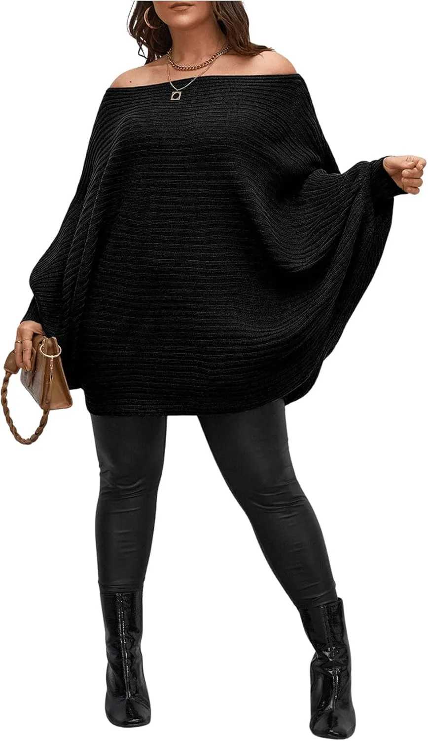 WDIRARA Women's Plus Size Off The Shoulder Batwing Long Sleeve Sweater Pullovers