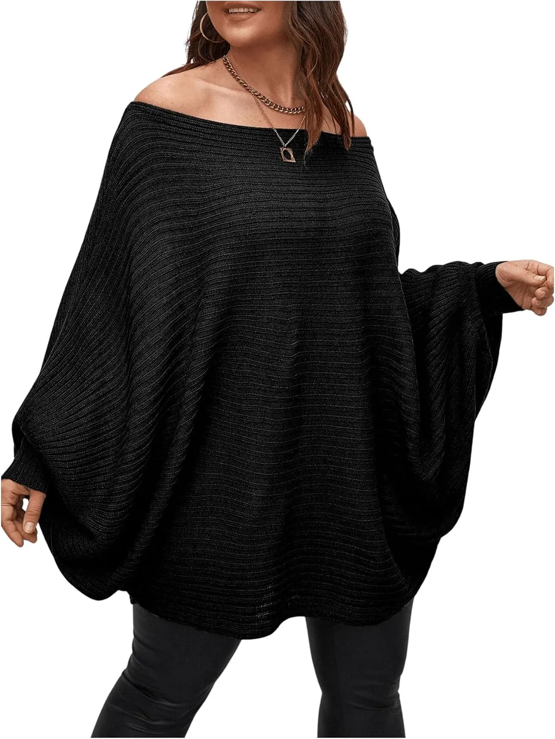 WDIRARA Women's Plus Size Off The Shoulder Batwing Long Sleeve Sweater Pullovers