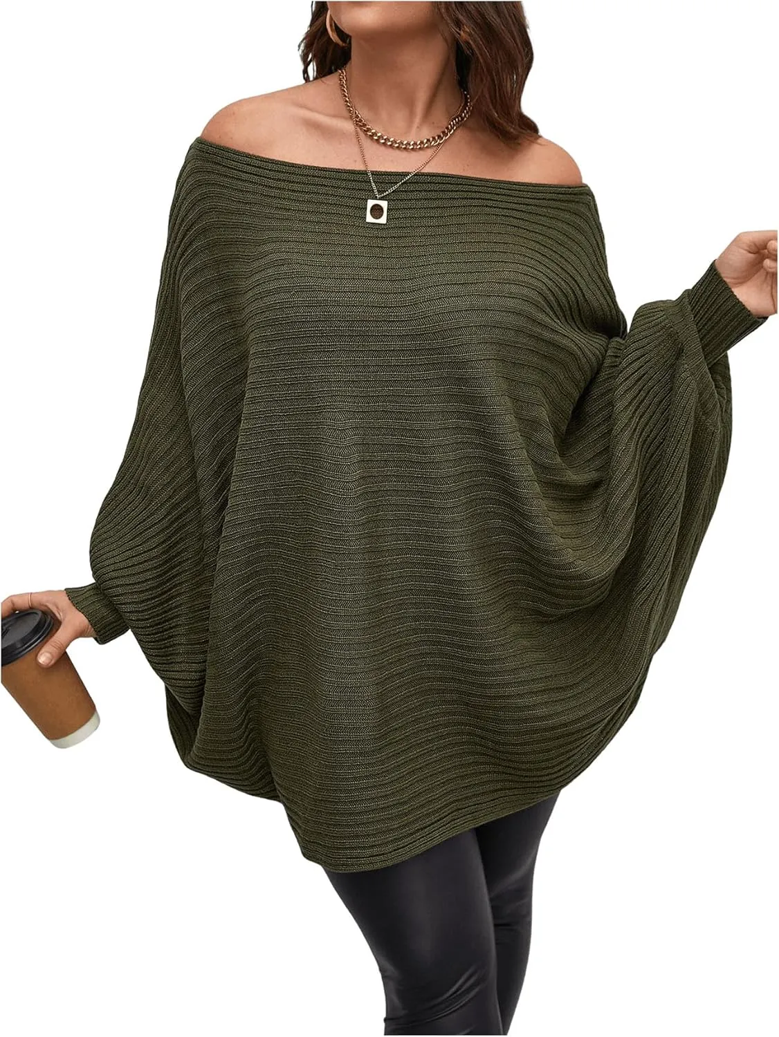 WDIRARA Women's Plus Size Off The Shoulder Batwing Long Sleeve Sweater Pullovers