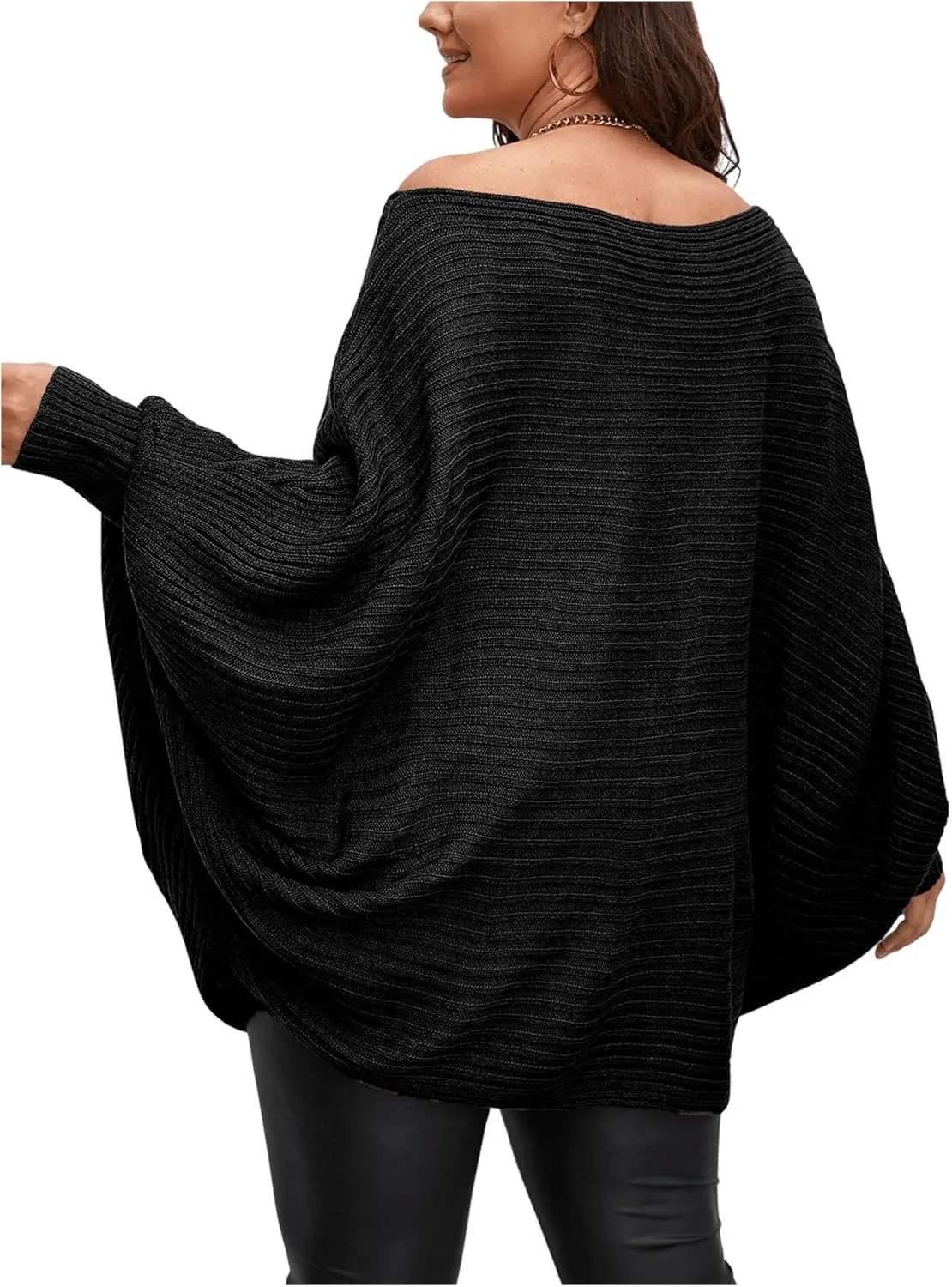 WDIRARA Women's Plus Size Off The Shoulder Batwing Long Sleeve Sweater Pullovers