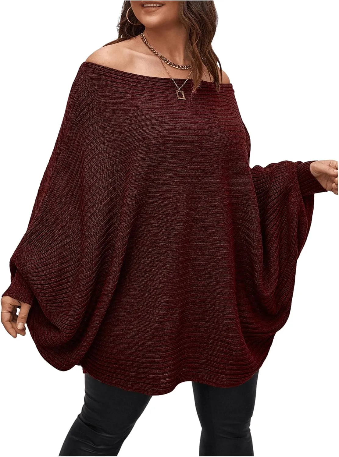WDIRARA Women's Plus Size Off The Shoulder Batwing Long Sleeve Sweater Pullovers