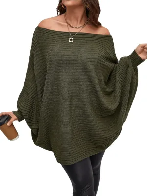 WDIRARA Women's Plus Size Off The Shoulder Batwing Long Sleeve Sweater Pullovers