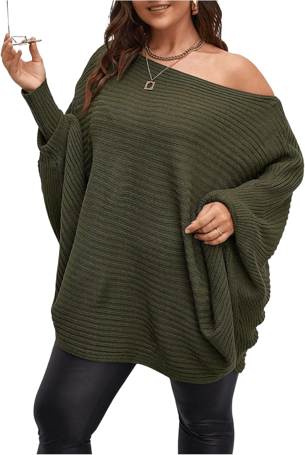 WDIRARA Women's Plus Size Off The Shoulder Batwing Long Sleeve Sweater Pullovers
