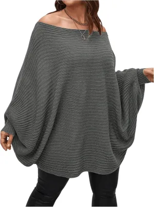 WDIRARA Women's Plus Size Off The Shoulder Batwing Long Sleeve Sweater Pullovers